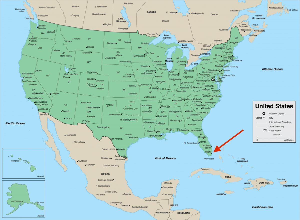 ميامي على فلوريدا - خريطة الولايات المتحدة الأمريكية
